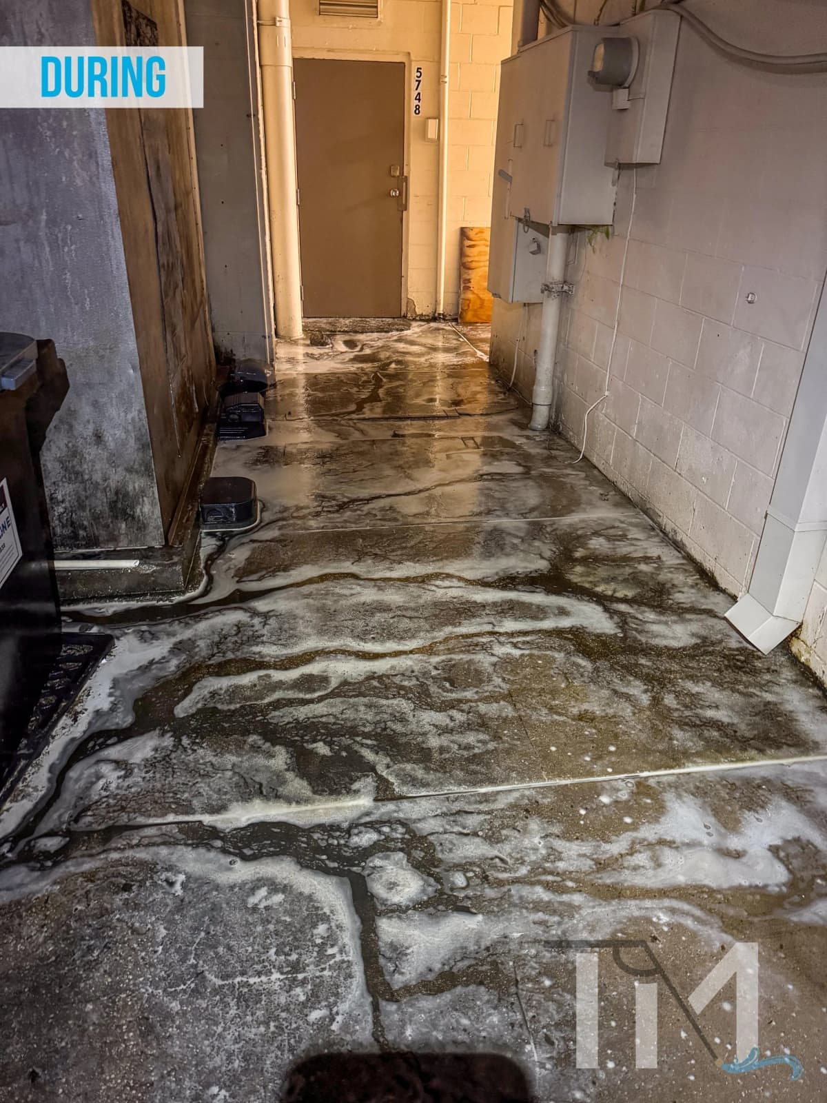 Mid-clean: degreaser foam working across the slab