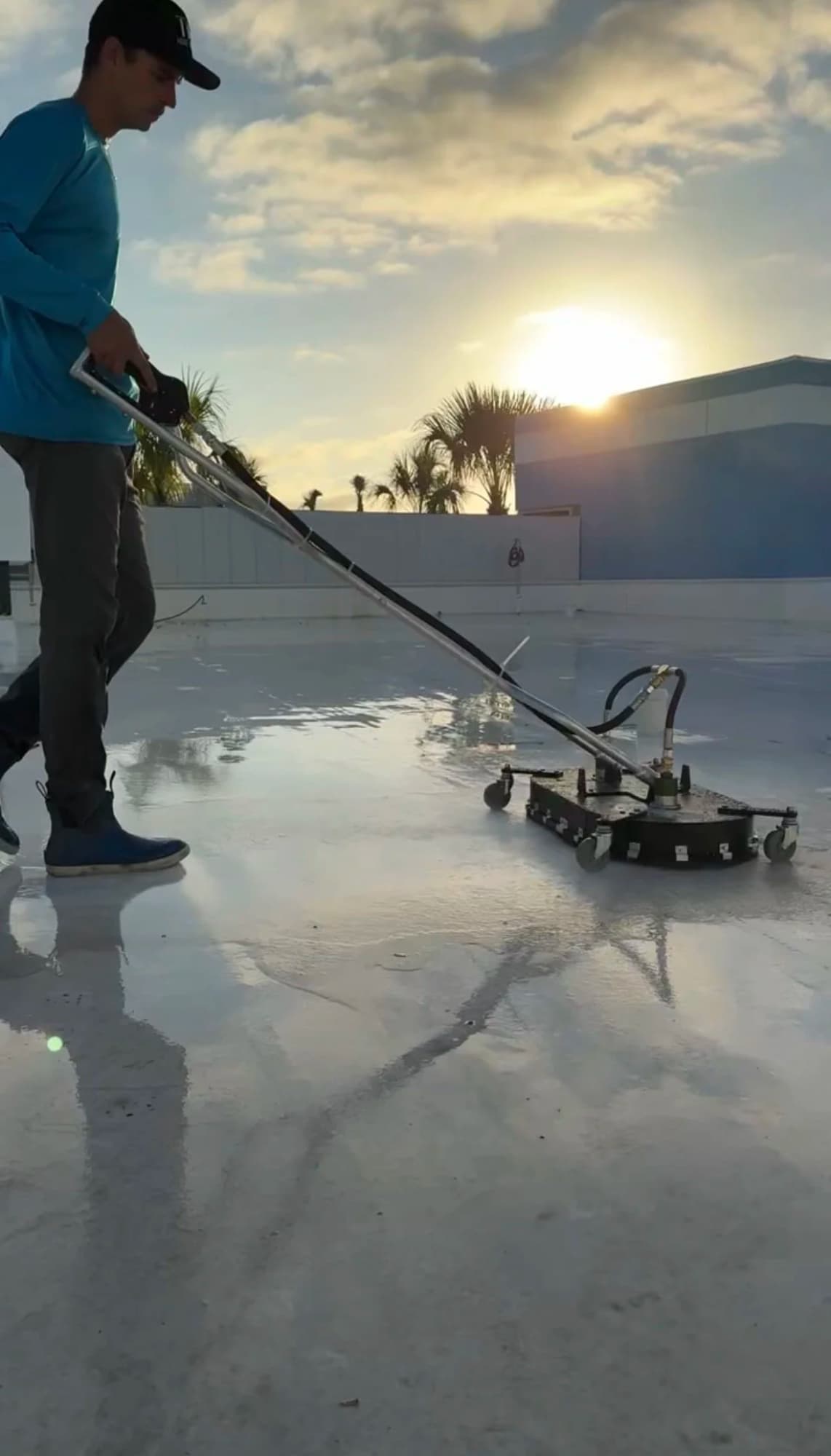 TPO roof cleaning at sunrise